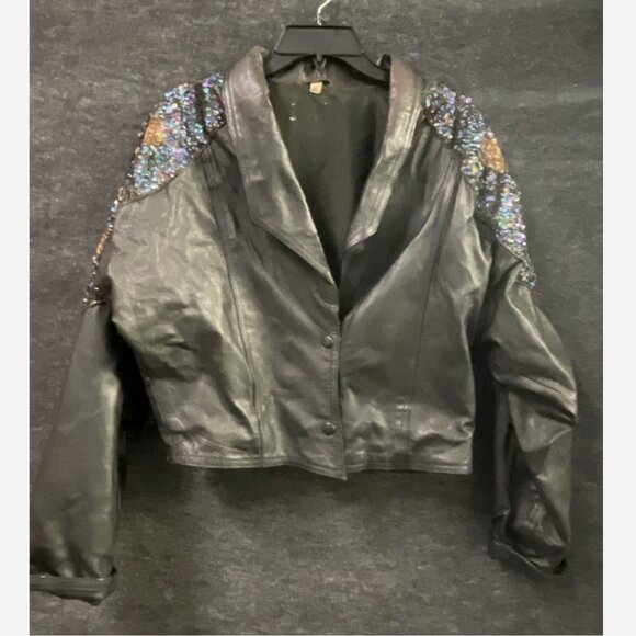 Vintage Real Leather Sequin Beaded Jacket Skirt Set Women XL Biker Western Disco - Picture 11 of 16